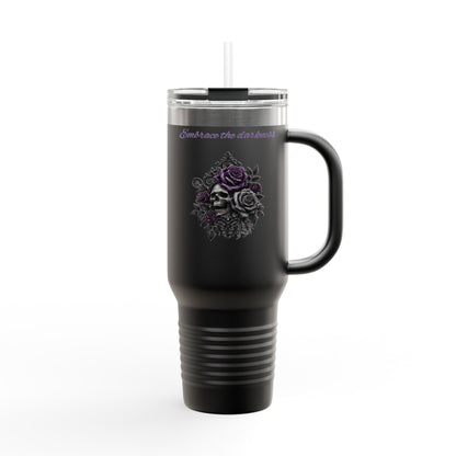 Embrace the Darkness Insulated Travel Mug - 40oz, Floral Skull Design