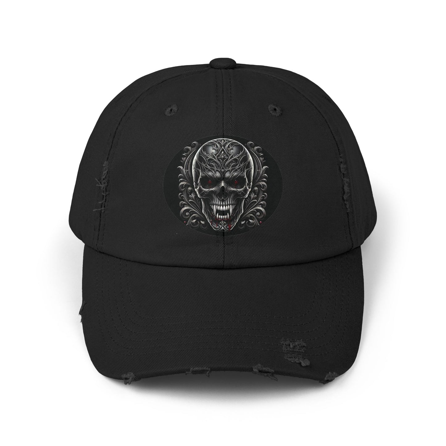 Vampire Skull Distressed Hat – Edgy Black for Rebel Spirits